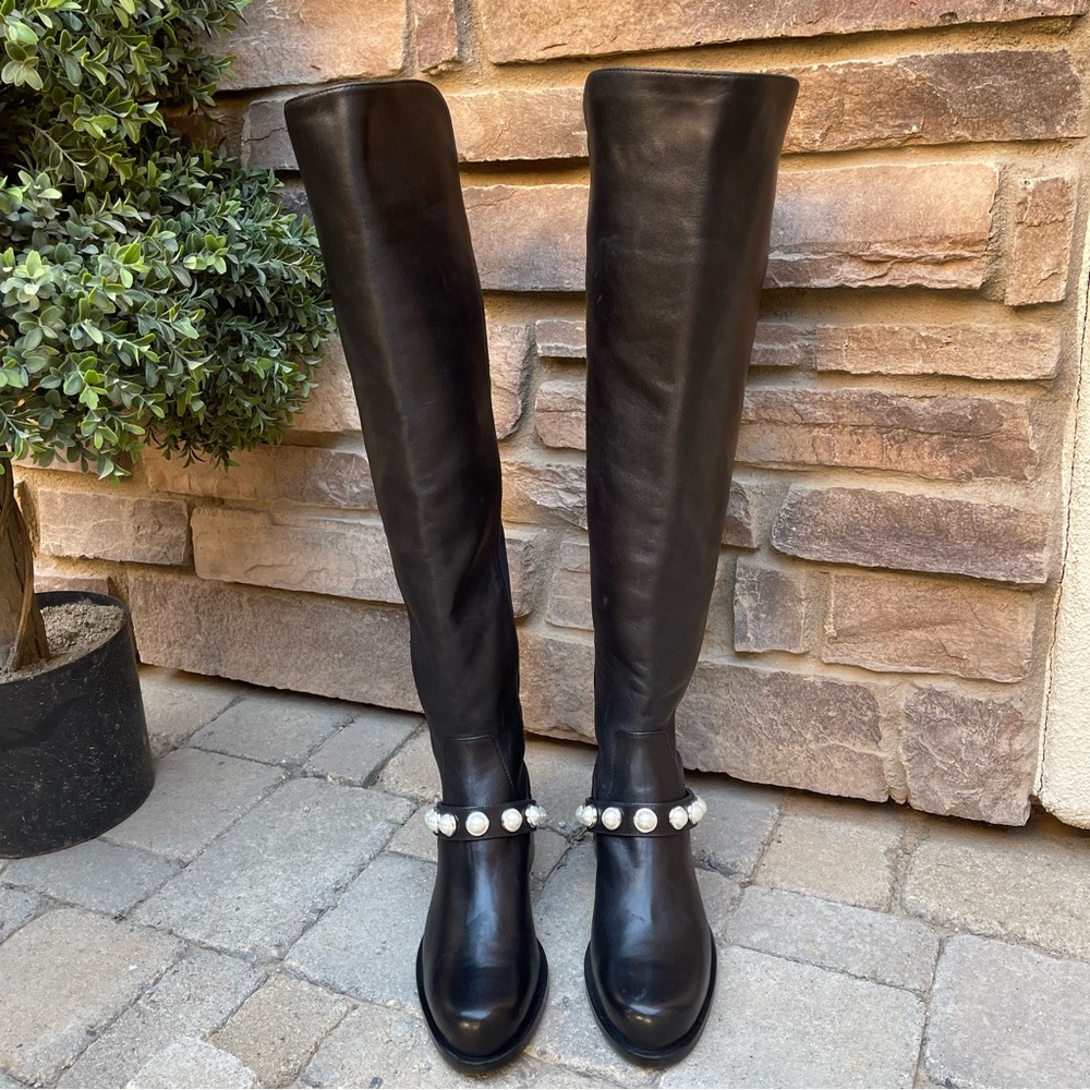 NEW Stuart Weitzman Portia 5050 Pearl-Embellished Leather Knee-High Boots